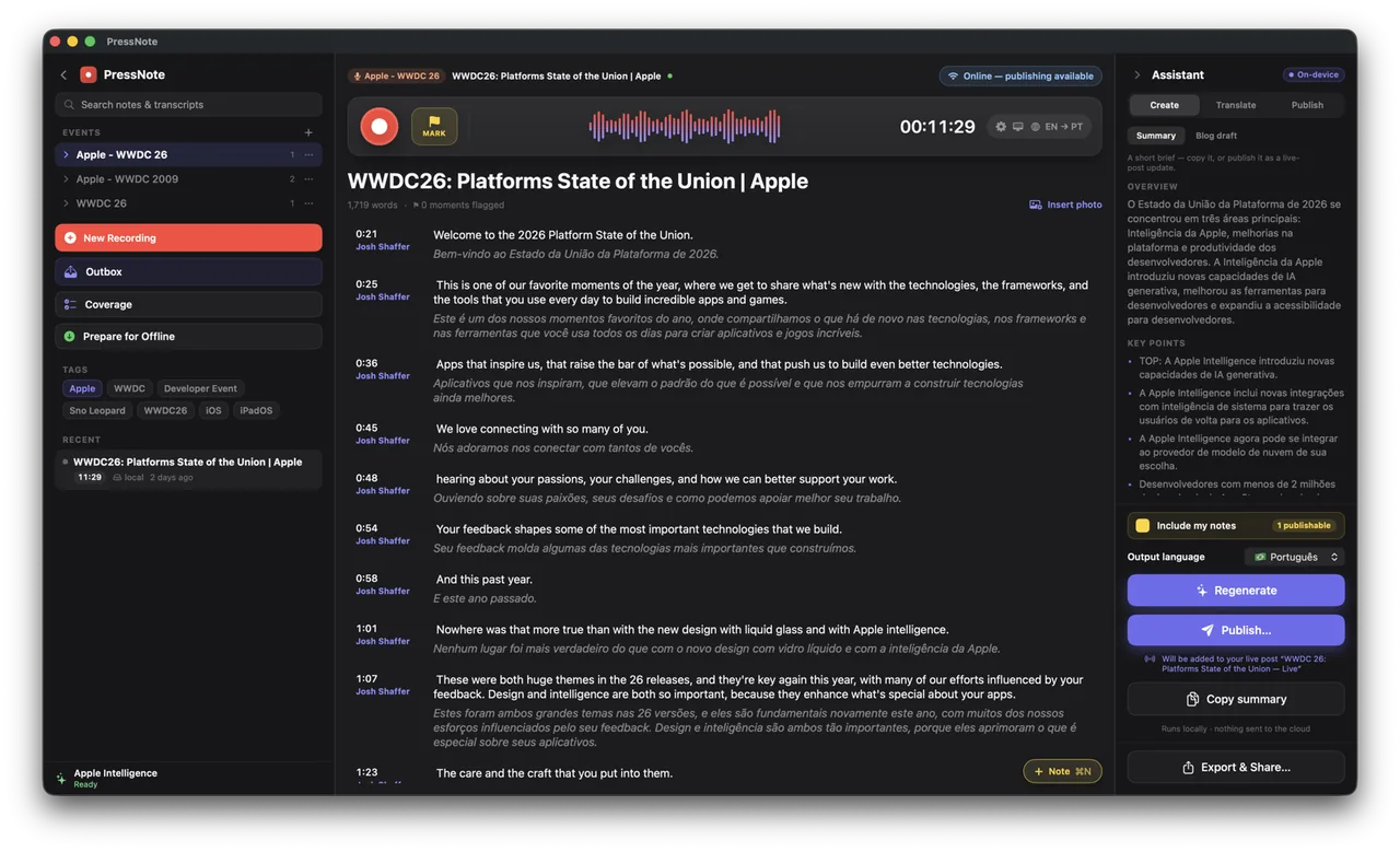 PressNote on Mac: a live WWDC keynote transcript with side-by-side English and Portuguese and an on-device AI-drafted summary.