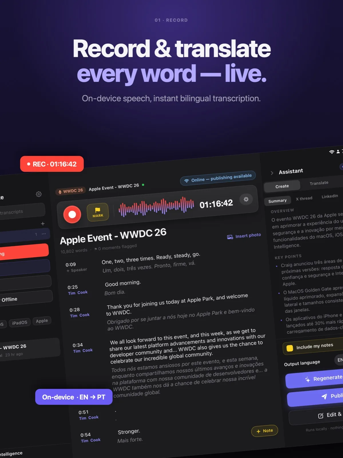 PressNote on iPad — Record & translate every word, live: on-device speech recognition with side-by-side English and Portuguese transcription.
