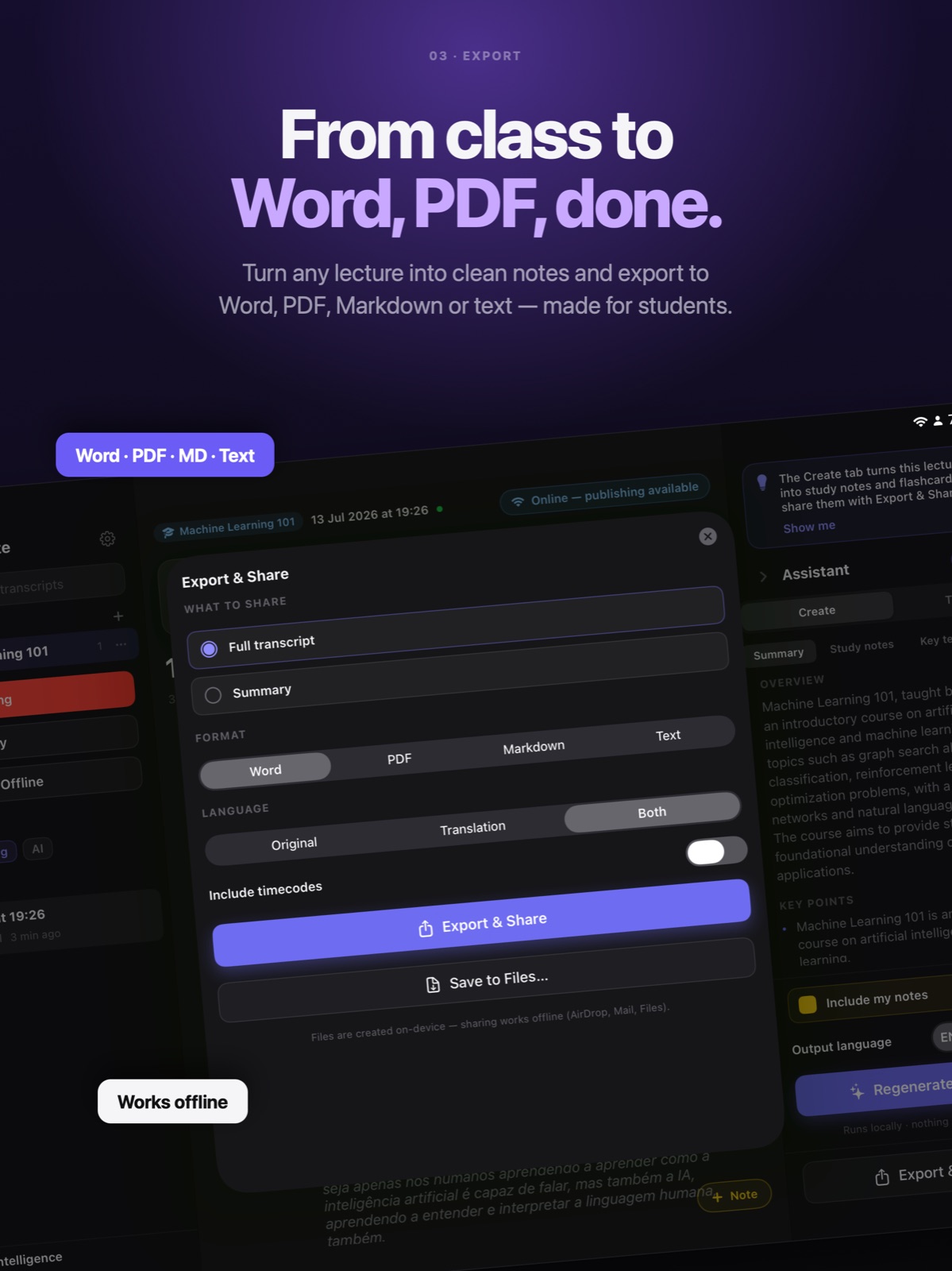 PressNote on iPad — From class to Word, PDF, done: turn any lecture into clean notes and export to Word, PDF, Markdown or text.